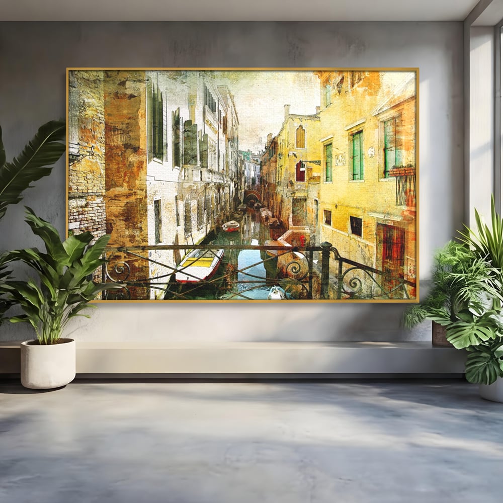 Tablou canvas cu tablou canvas cu peisaj venetian, in rama de aluminiu auriu